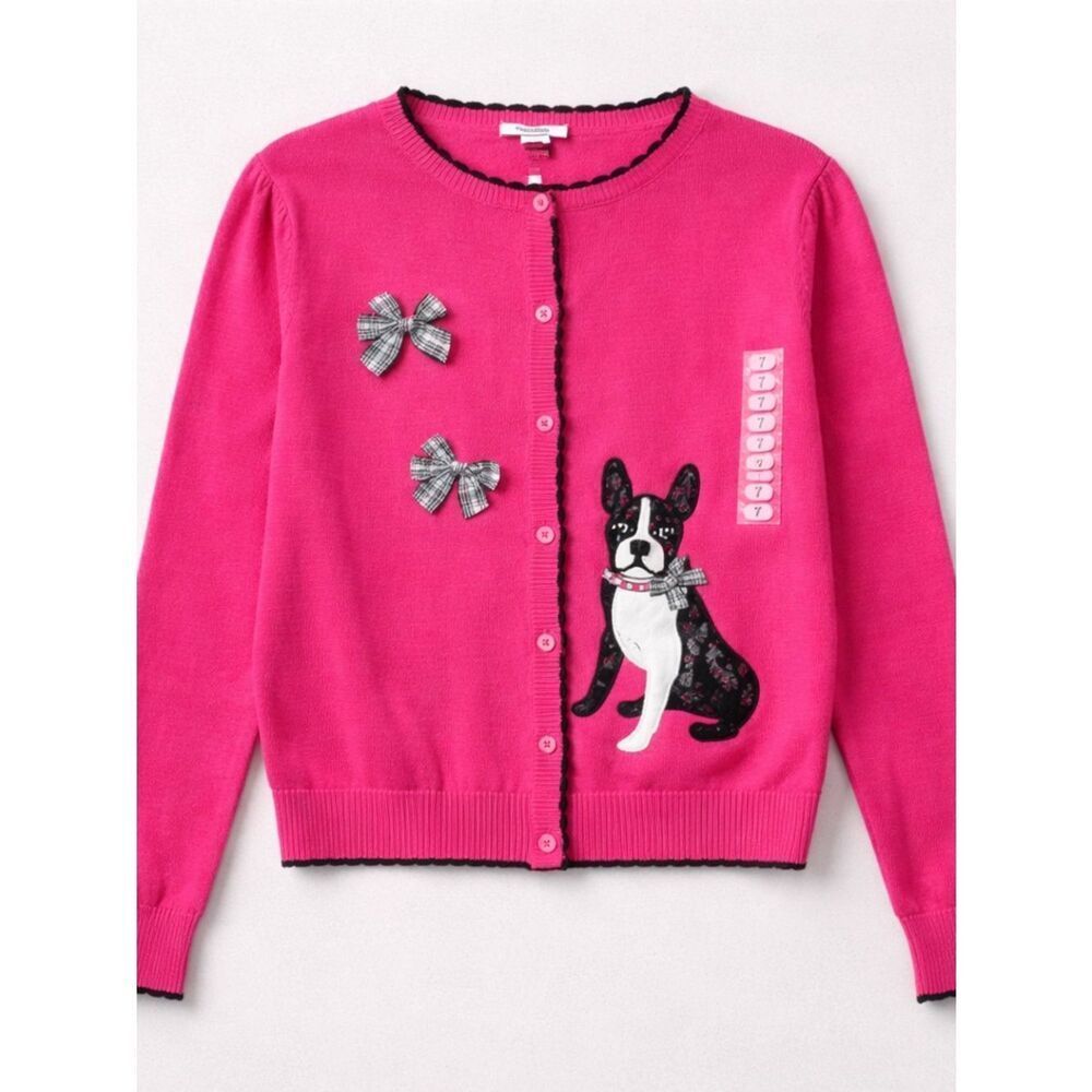 Hartstrings Bright pink cotton cardigan sweater with French bulldog appliqué NWT
